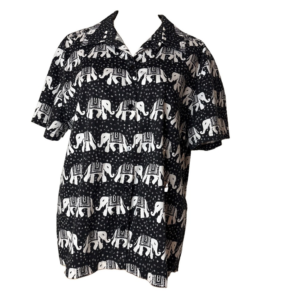 Chico's 3 US XL Button up shirt top Blouse Black White Elephant Print short slv